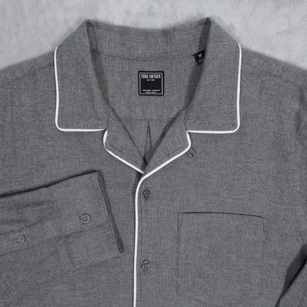 Todd Snyder Men M Gray Herringbone Flannel Japanese Tipped Camp Collar Shirt